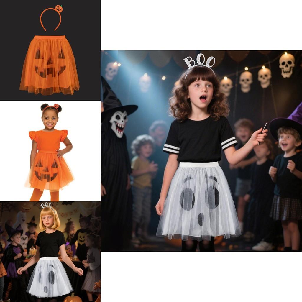 Halloween Ghost Face Pumpkin Veil Dress And Headband Set For Kids