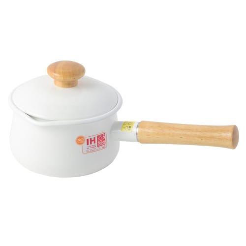 Fuji Enamel Milk Pan with Lid, 15cm, 1.2L, Induction Compatible, White, Long Handle, Enamel Saucepan