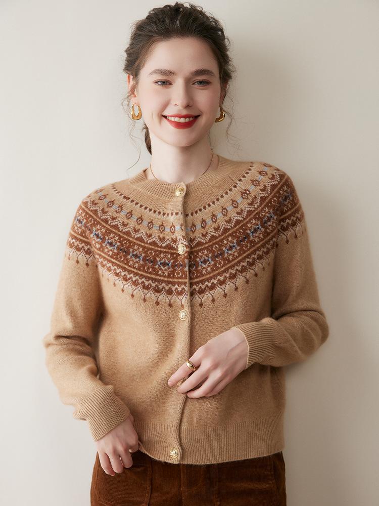 Женский кашемировый кардиган в стиле Fair Isle: Свободный вязаный свитер с длинным рукавом для осени/зимы