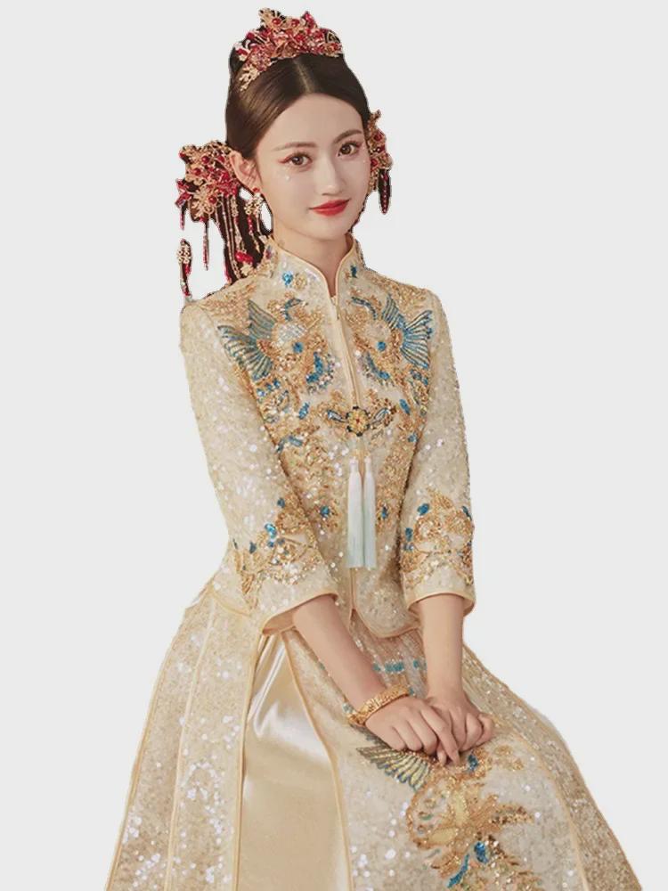 Xiuhefu 2025 Elegant Chinese Bridal Champagne Dress - Summer Dragon & Phoenix Kimono Gown