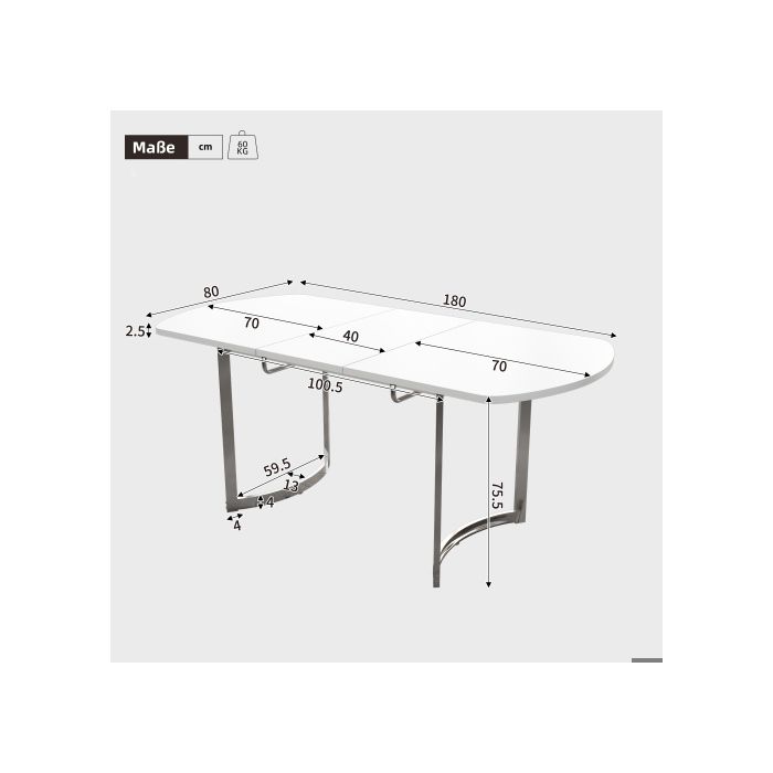 Table de salle à manger extensible - MUVOE - 140/180 x 80 cm - Blanc - Pieds métal argenté - Capacité 60 kg