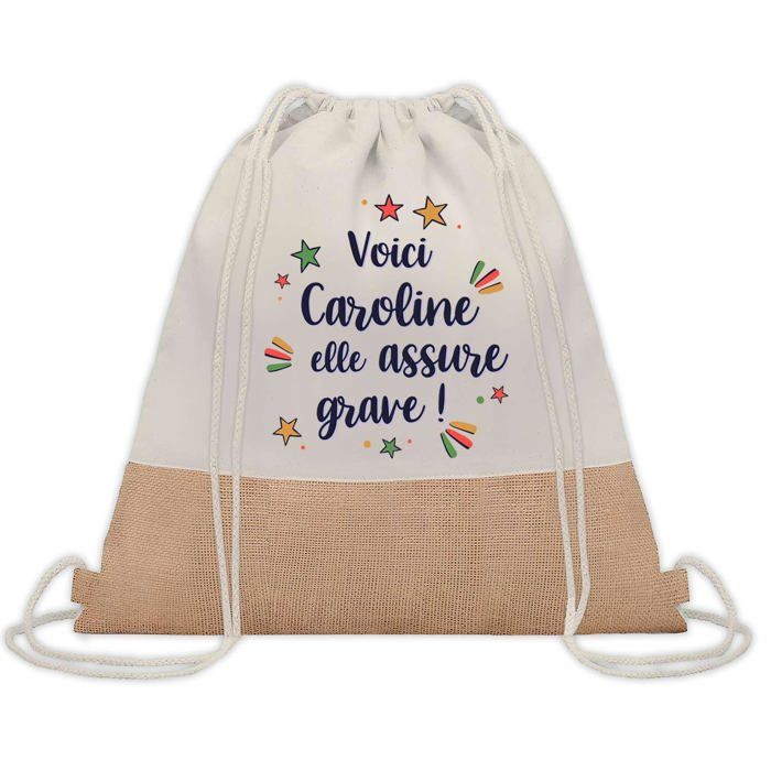 Sac cabas - PLANETEE - Sac cabas - Jute naturel - Motif Caroline elle assure grave ! - Fabriqué en France