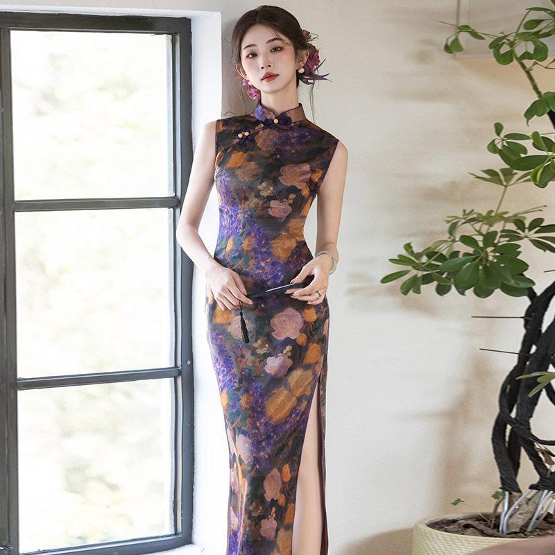 Purple Sleeveless Chinese-Style Long Cheongsam Dress 2026 Womens Elegant Retro Qipao