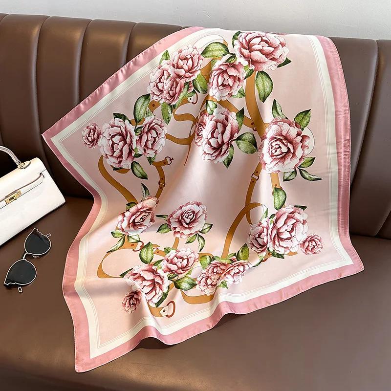 Silk Satin Neck Scarf For Women Fashion Bandana Head Small Hijab Scarves 70cm Square Kerchief Luxury Print Hair Scarf For Ladies