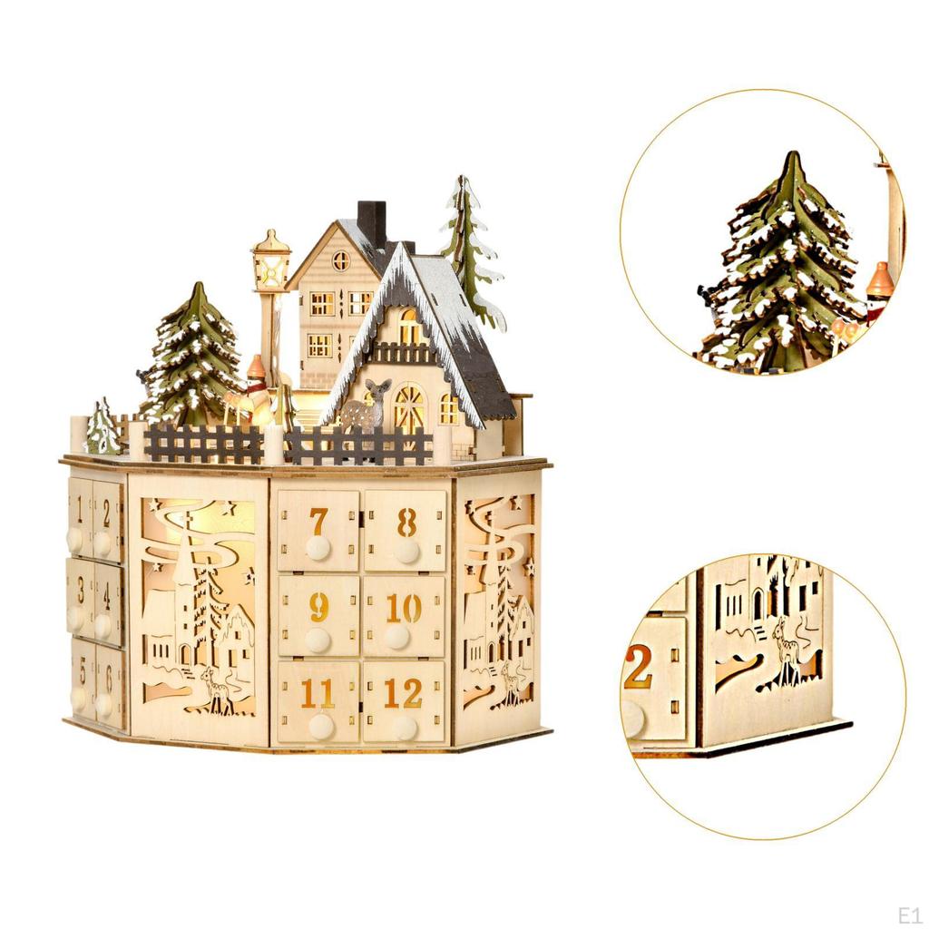 Christmas Wooden Advent Calendar with 24 Drawers Tabletop Decor Creative Decoration LED