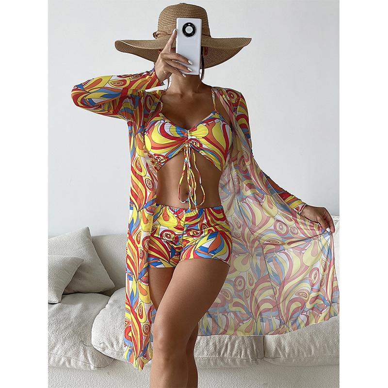 Women Swimsuit High Waist Bikini Set Three Pieces Women Sexy Long Sleeve Cover Up Swimsuit Beach Bathing Suits Swimwear