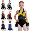 Girls Jazz Dance Costume Turn Down Collar Sleeveless Sheer Mesh Waist Keyhole Back Shiny Sequins Feather Leotard