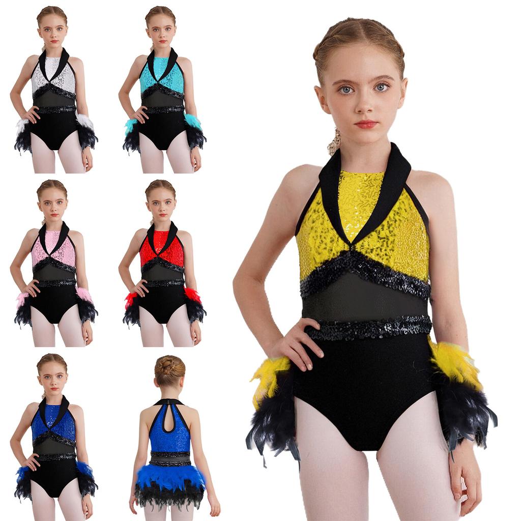 Girls Feather Leotard Turn-Down Collar Sleeveless Sheer Mesh Keyhole Back Shiny Sequins Dancewear