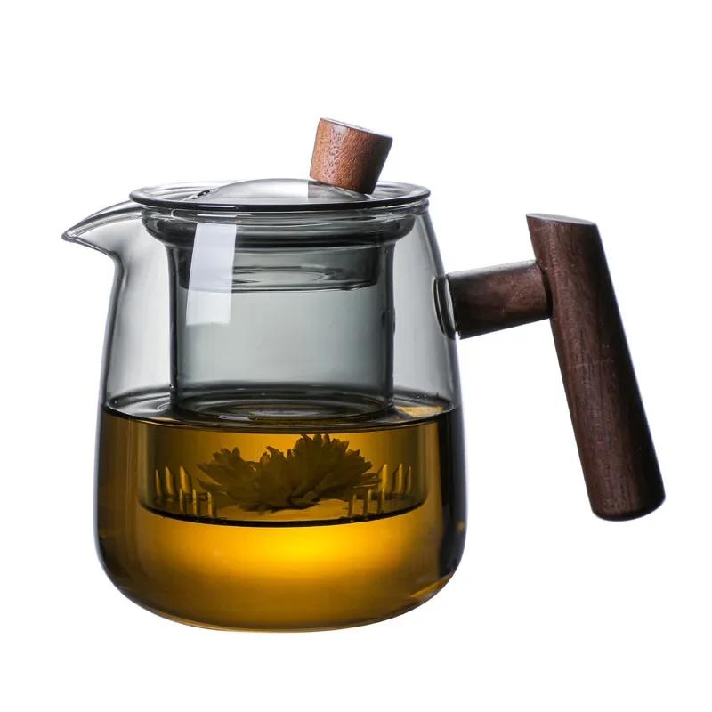 Glass Teapot Wood Handle Chinese Tea Ceremony Transparent Teawear Set Cup Filter High Boron Silicon Janpanese Pot