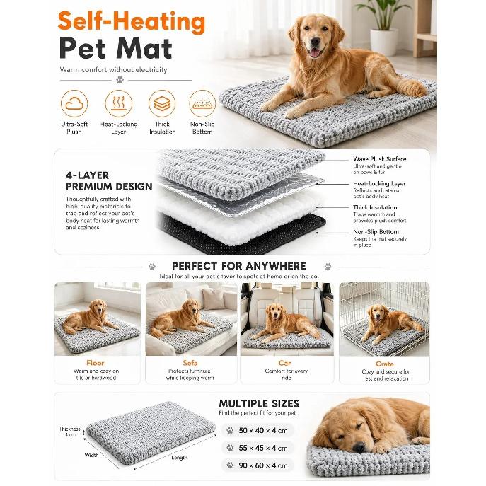 Wave Plush Non-Electric Pet Mat, Physical Heat Storage Thermal Pad, Non-Slip Machine Washable Dog Cat Mat