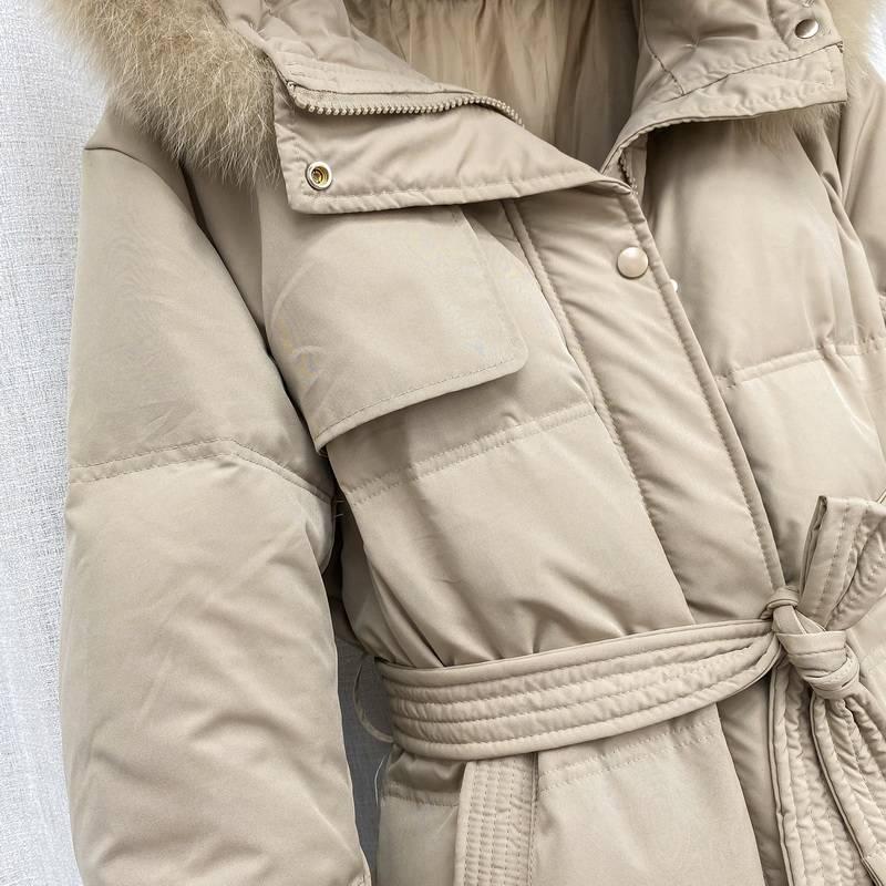Women's 2024 Trendy Lightweight Over-Knee Down Jacket with Waist Tie - White Duck Down Winter Coat