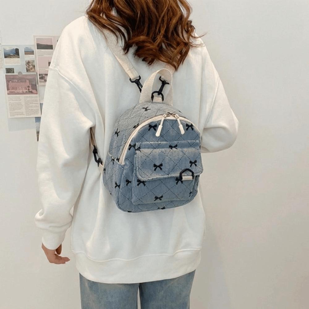Lightweight Shoulder Bag Corduroy Bow Rucksack Cute Student School Bag Women
