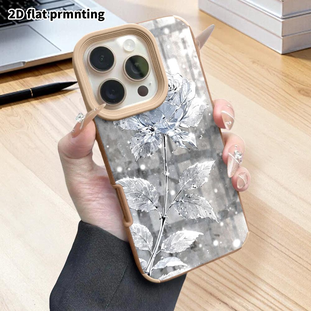 Phone Case: 2D flat lambskin suitable for iPhone 18, 17, 16, 15, 14, 13Pro protective case, crystal silver rose, Christmas and Halloween gifts