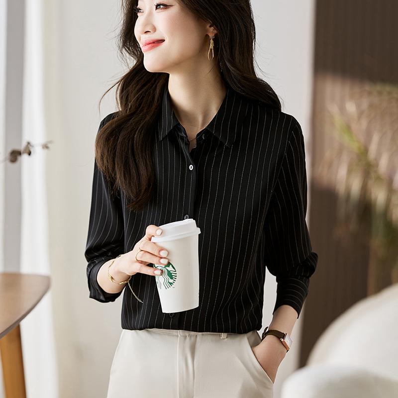 Women's Ash Blue Satin Long Sleeve Shirt - Retro Hong Kong Style, Spring Commute, Concealed Placket, Versatile Drapey Blouse