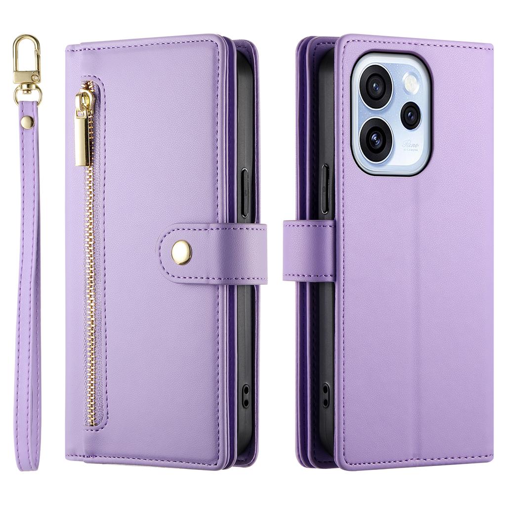 For Oppo Reno15 F 5G Leather Case Zipper Pocket Wallet Phone Cover with Straps