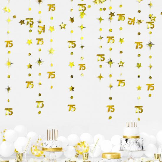 Gold 75th Birthday Decorations Number 75 Circle Dot Twinkle Star Garland Metallic Hanging Streamer Bunting Banner Backdrop for 75 Year Old Birthday