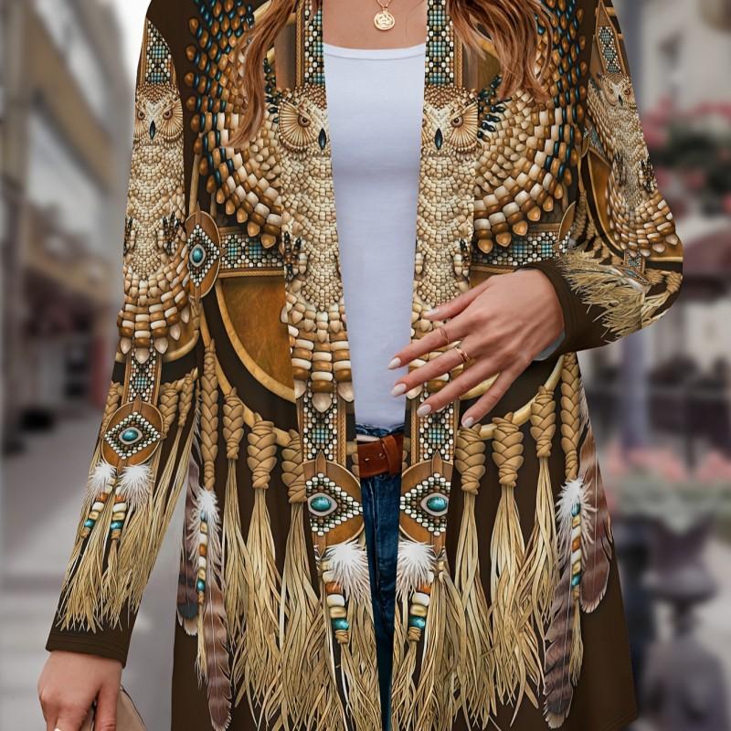 Boho Chic Printed Loose Long Sleeve Open Front Cardigan Women Comfortable Casual Outerwear