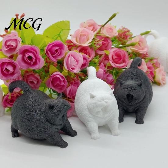 Office Desk Accessories 3D Printed Cute Yawning Chubby Cat Figurine, Black White, Wide Stable Anti-Tipping Base, Minimalist Statue Desktop Decor