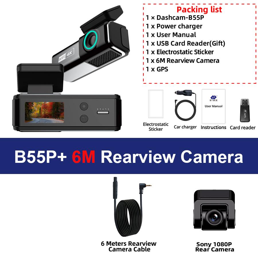 E-ACE Видеорегистратор 4K Черный ящик Мини Автомобильный Видеорегистратор 1080P Камера заднего вида WIFI GPS Циклическая запись 24-часовой мониторинг парковки Видеорегистратор