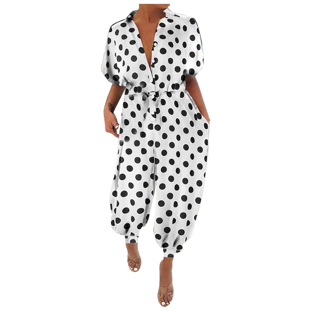 Leopard Jumpsuit Female Retro Female Short-Sleeved Button Casual Pants Loose