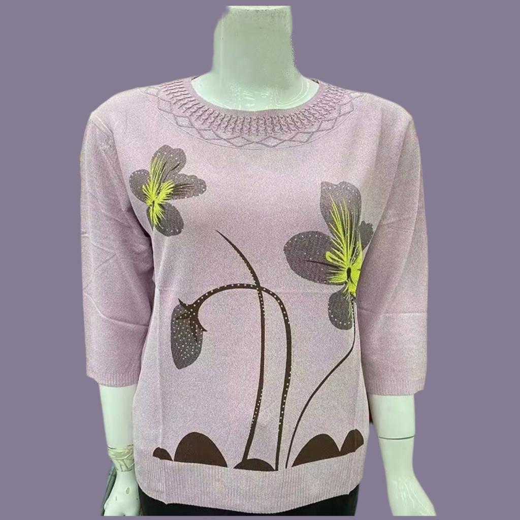 Spring Summer Women's Ice Silk Plus-Size Sweater Thin Round Neck Loose-Fit Printed Pullover Sweater 3/4sleeve Knitwear