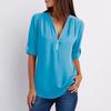 Women's Fashion Commuting Zipper V-Neck Rollable Sleeve Casual Solid Tops Blouse Loose T-Shirt
