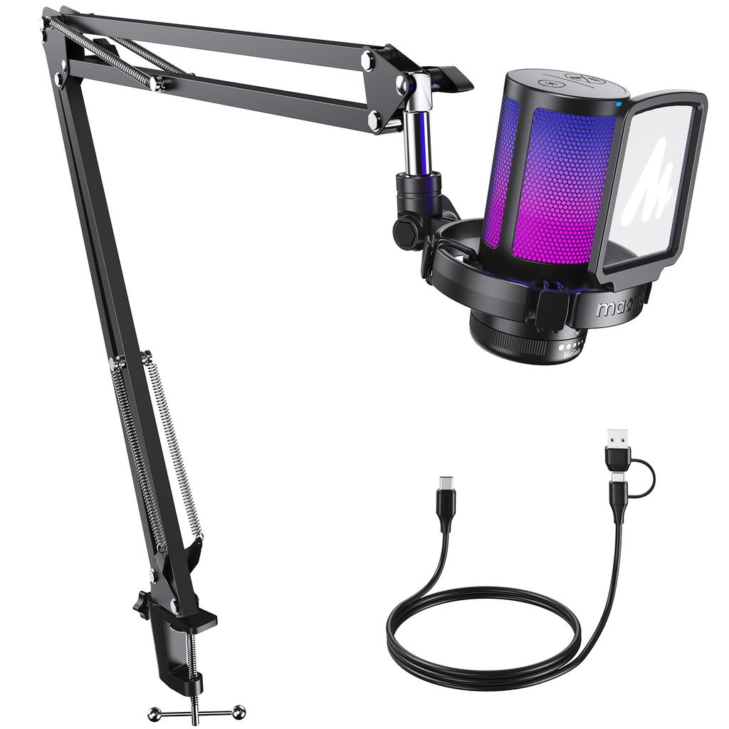 MAONO USB Конденсаторный Микрофон Игровой Микрофон Набор Микрофонов для ПК Шумоподавление Кнопка Mute Однонаправленный RGB Освещение Регулировка Громкости Plug Play
