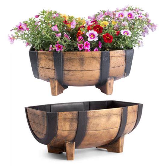 Rustic Half Barrel Planter Weather Resistant Flower Pot with Drainage Hole Indoor Outdoor Barrel Flowerpot for Flowers Herbs