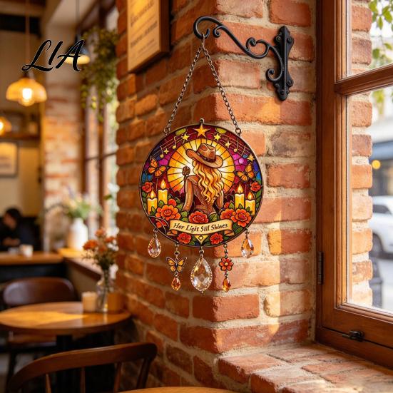 Waterproof Balcony Decoration Country Soul Memorial Suncatcher, Stained Glass Style Hanging Ornament, Crystal Sun Catcher Singer Themed Wind Chime for