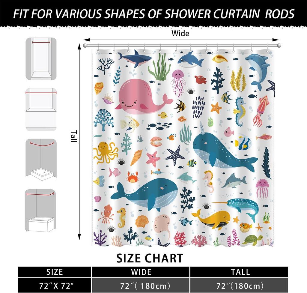 Kids Funny Ocean Shower Curtain, Cute Cartoon Watercolor Colorful Underwater Whale Boys and Girls Bathroom Decor Curtains