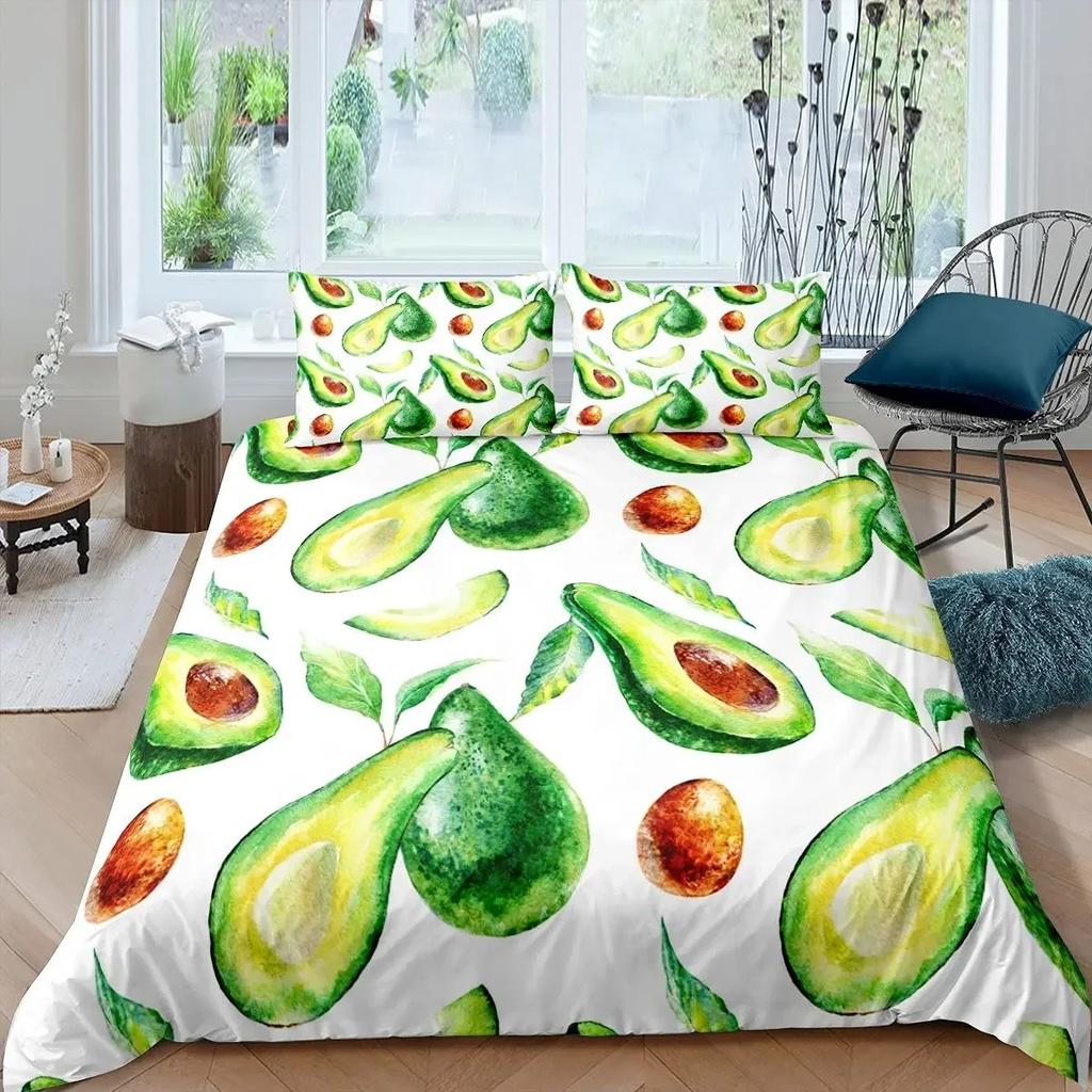 Fruit Duvet Cover Collection Cute Cartoon Avocado Decor 3 Piece Bedding Collection With 2 Pillow Shams Queen King Full Size Paprika Green