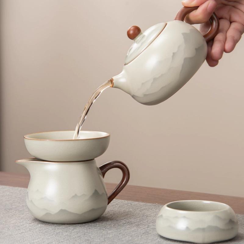 Ru Kiln Kung Fu Tea Set Household Living Room Drinking Tea Making Tea Cover Bowl Teapot Teacups Ink Wind Gift Box Gift