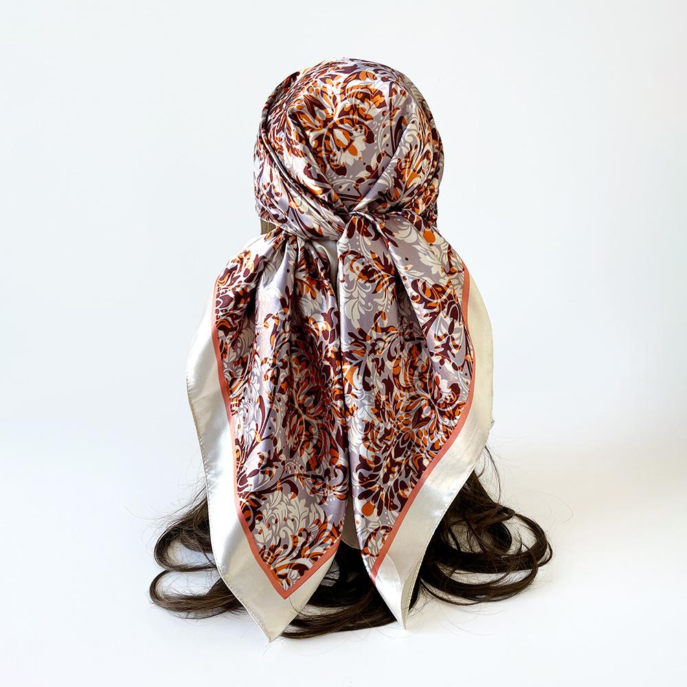 Vintage-print silk scarf, 90×90cm, faux silk headscarf, glossy satin headscarf, head-wrapping scarf