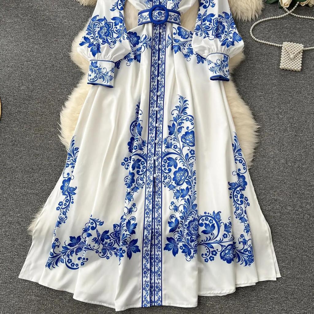 New Fashion Runway Red And White Porcelain Dress Women's Stand Long Lantern Sleeve Blue Floral Print Shirt Robe Dresses