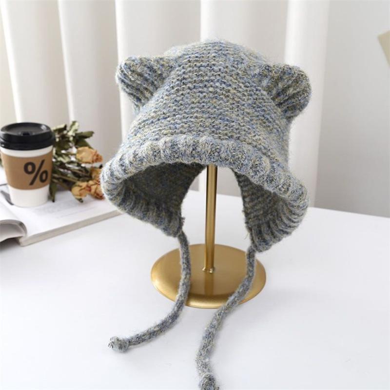 Cute cat ears knitted warm hat ladies ear protector wool hat winter versatile Internet celebrity hat tide