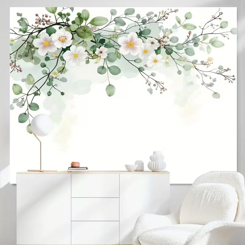 2D Watercolor Eucalyptus and White Flowers Backdrop Party Photo Background Cloth