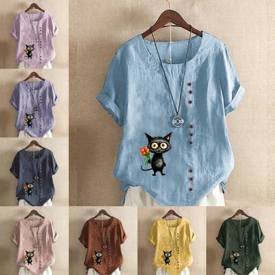 Женская модная футболка с короткими рукавами и принтом черной кошки, свободная хлопковая рубашка, повседневная свободная летняя блузка, топы больших размеров