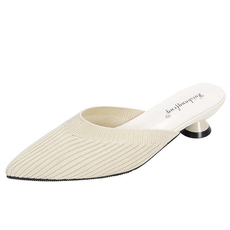 Тапочки на среднем каблуке с острым носком, женская летняя обувь, пикантные сандалии, вязаные эластичные сетчатые шлепанцы с открытой пяткой, дышащие шлепанцы, обувь на мелком каблуке