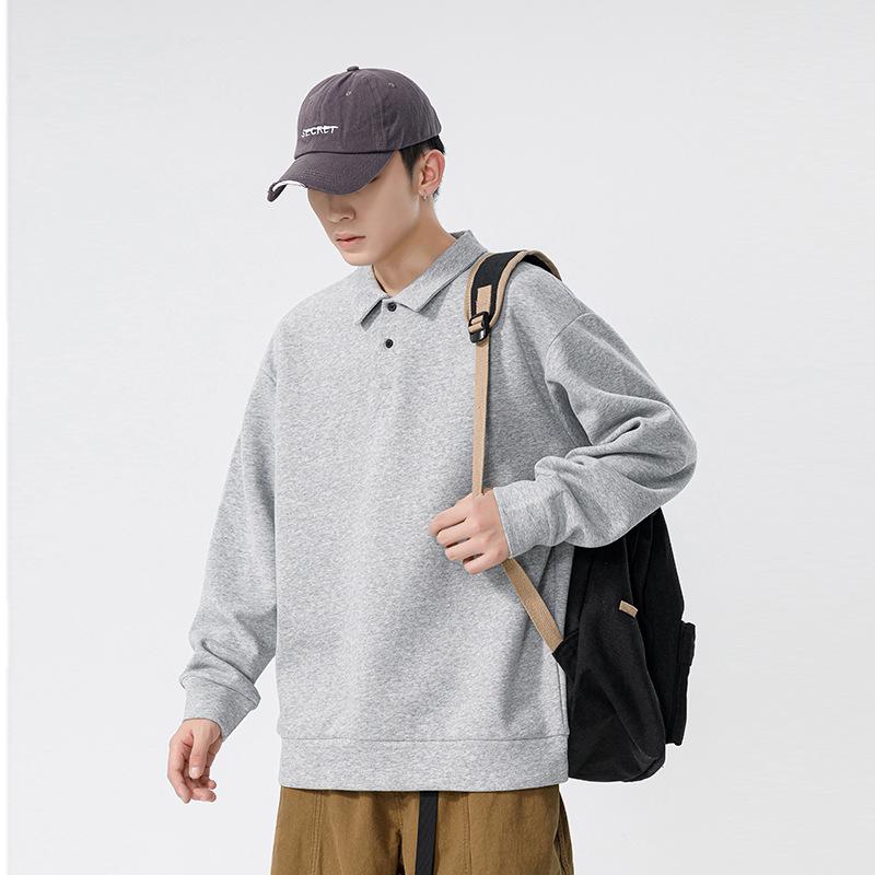 Men S Long Sleeve Polo Shirt Loose Solid Color Workwear Autumn Winter