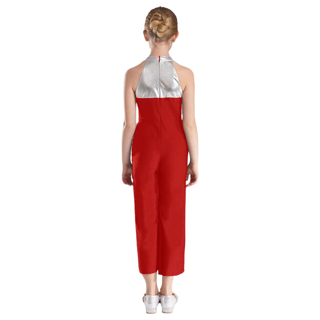 Kids Girls Sparkly Dance Jumpsuit Metallic Patchwork Rhinestone Color Block Design Sleeveless Stage Wear