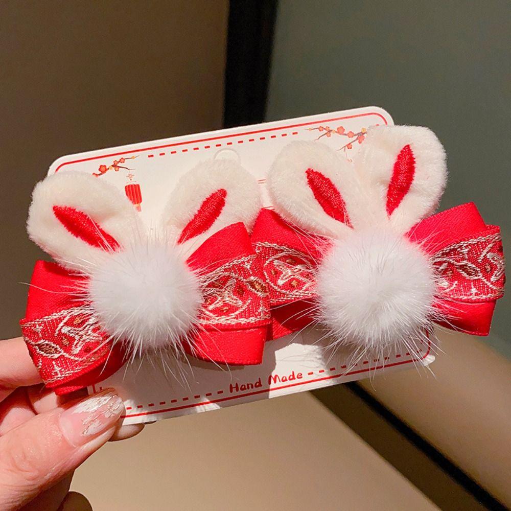 Bunny Plush Rabbit Hairpin Tassel Chinese New Year Headwear Sweet Bow Hair Clip  Children