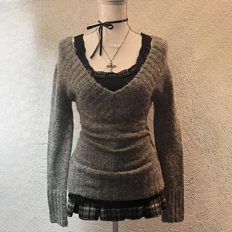 Fashion Aesthetics Women's Fall Winter Sweater Sexy Slim Fit Chic V-neck Long-sleeved Pullover Harajuku Streetwear