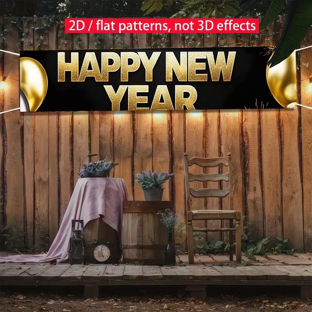 Happy New Year Banner 78.7 x 17.7 Inch Gold and Silver Balloons Sparkling Confetti Design for Holiday Party Decoration Indoor Outdoor Wall Fence or