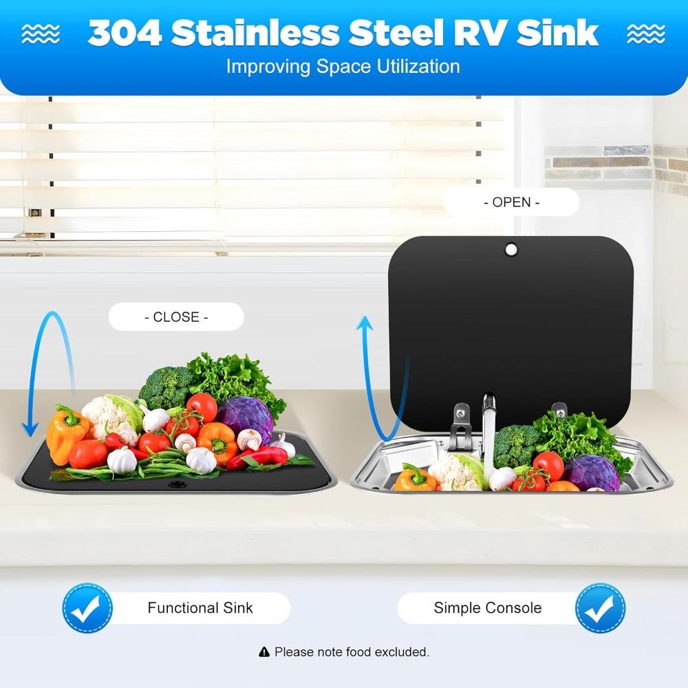Накладная рабочая станция для кухонной мойки-бара для автодома с складным смесителем A и крышкой, мойка из нержавеющей стали 304 с одной чашей для мытья рук