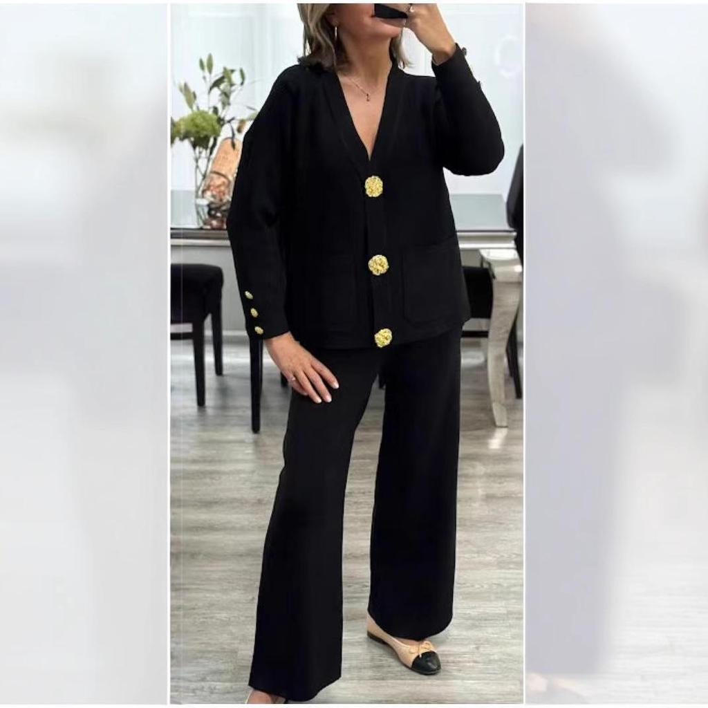 European Style Women's Knit Cardigan & Wide-Leg Pants Two-Piece Set