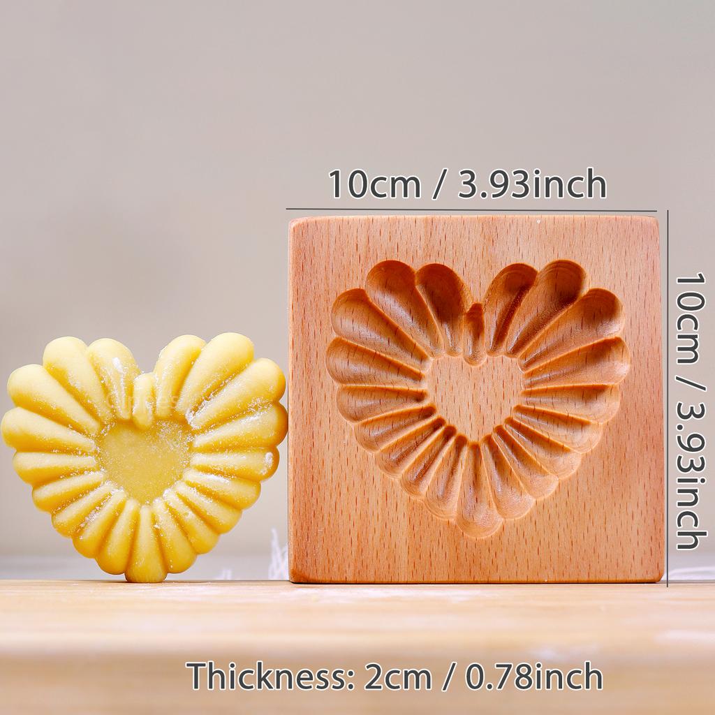 Wood Cookie Molds with Heart & Flower Patterns, 3D DIY Carved Embossed Cookie Cutter Moulds for Baking, Fondant Cake Biscuit