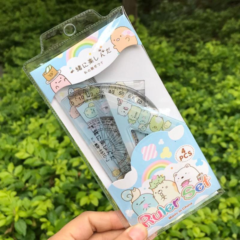 Набор линеек из 4 предметов Sanrio, милый аниме-мультяшный узор, треугольный транспортир, линейка для обучения студентов