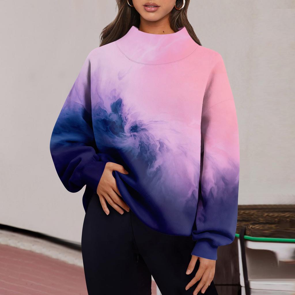 Женская мода с принтом и длинными рукавами, свободная полуводолазка с разрезом, толстовка, топ