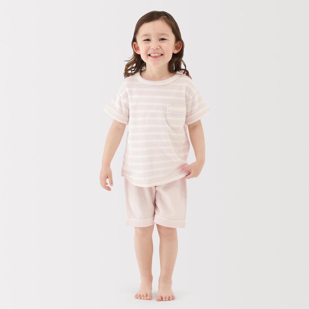 MUJI Children's Short-Sleeve Terry Loungewear Set, Smoky Pink Stripe, 100-110, FE0HPA6S