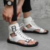 Men Roman Sandals Black White Leather Gladiator Sandals Outdoor Summer Roman Sandals for Men Peep Toe Open Toe Beach Shoes